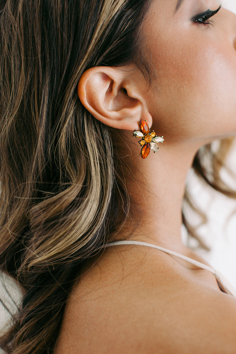 Orange Crystal And Gold Earrings, Boho Earrings, Art Deco Jewelry, Elegant Fall Earrings, Light Weight Earrings, Autumn Jewelry, Unique Gift