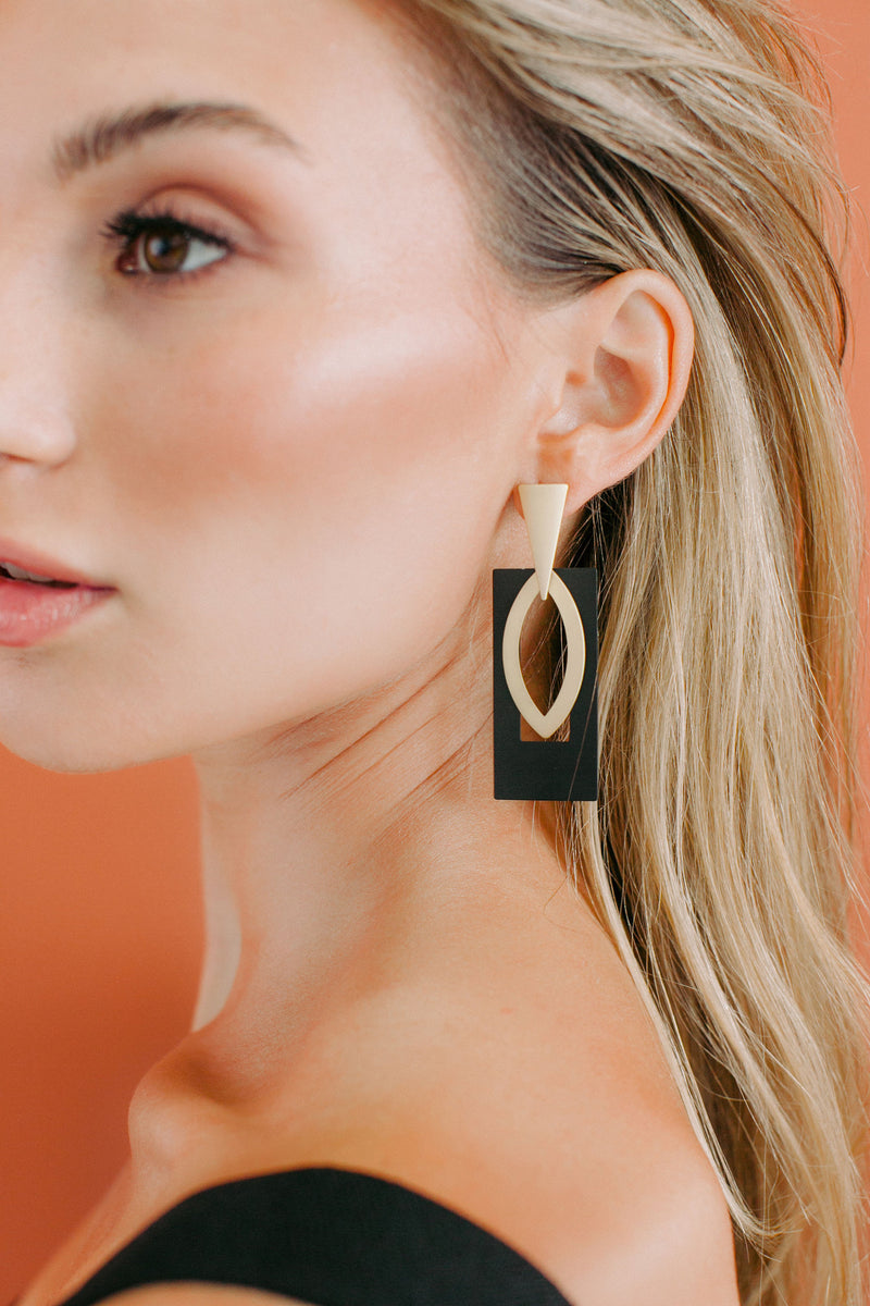 Matte Gold and Black Geometric Earrings, Bohemian Jewelry, Light Weight Earrings, Unique Rectangle Drop Earrings, Gold Triangle Dangle,