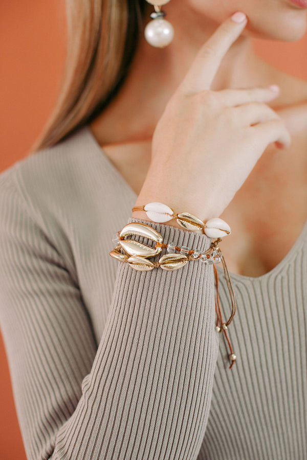 Stackable Cowrie And Puka Shell Bracelet Set , Gold Shell Bracelet, Beach Bracelet, Good Luck Charm, Adjustable, Boho Summer Jewelry