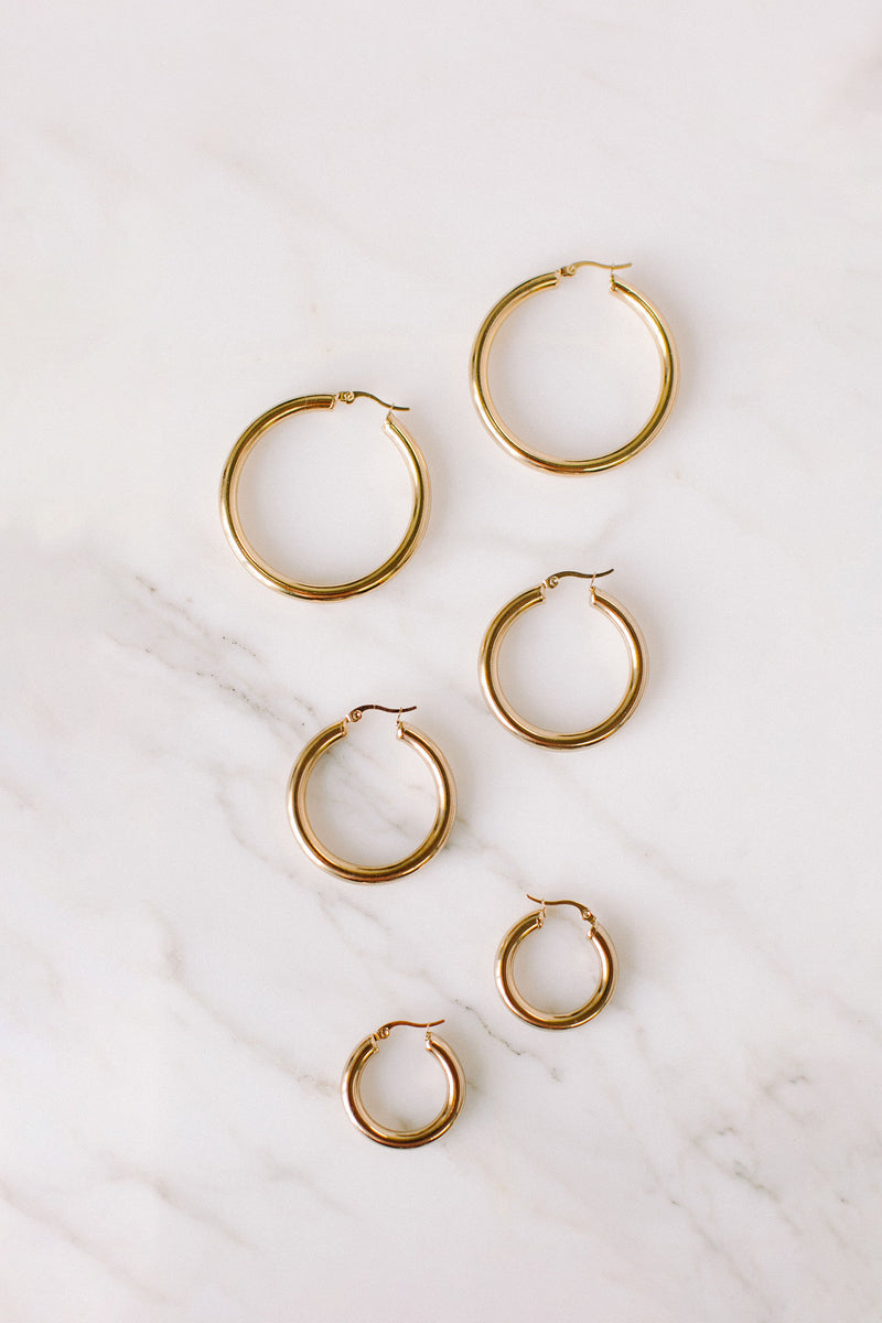 Thick Gold Hoops, Boho Earrings, Gold Stainless Steel Jewelry, Bohemian Small Hoops, 30MM Hoop Earrings, Gifts For Her, Light Weight Hoops