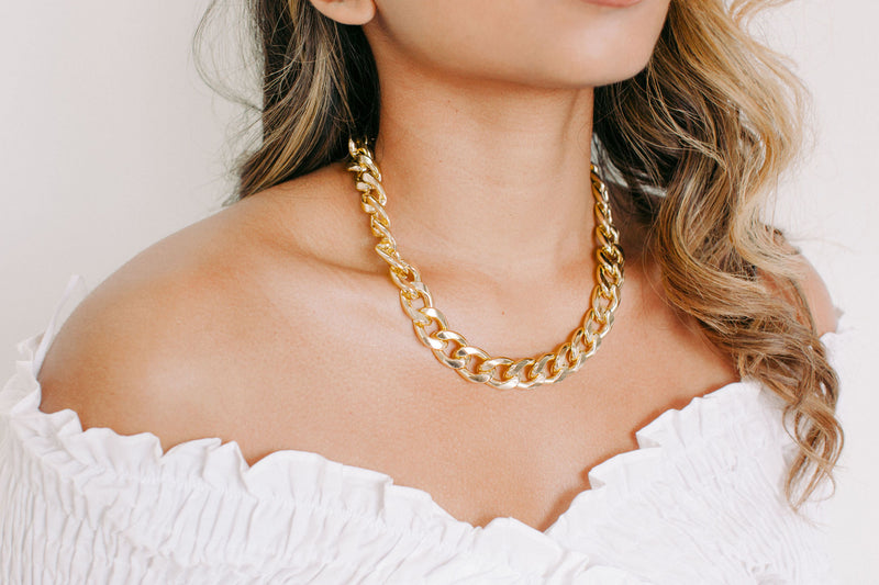 Chunky Gold Cuban Link Necklace, Cuban Link Choker, Thick Curb Chain Necklace, Statement Necklace, Boho Jewelry, Clavicle Length Cuban Link