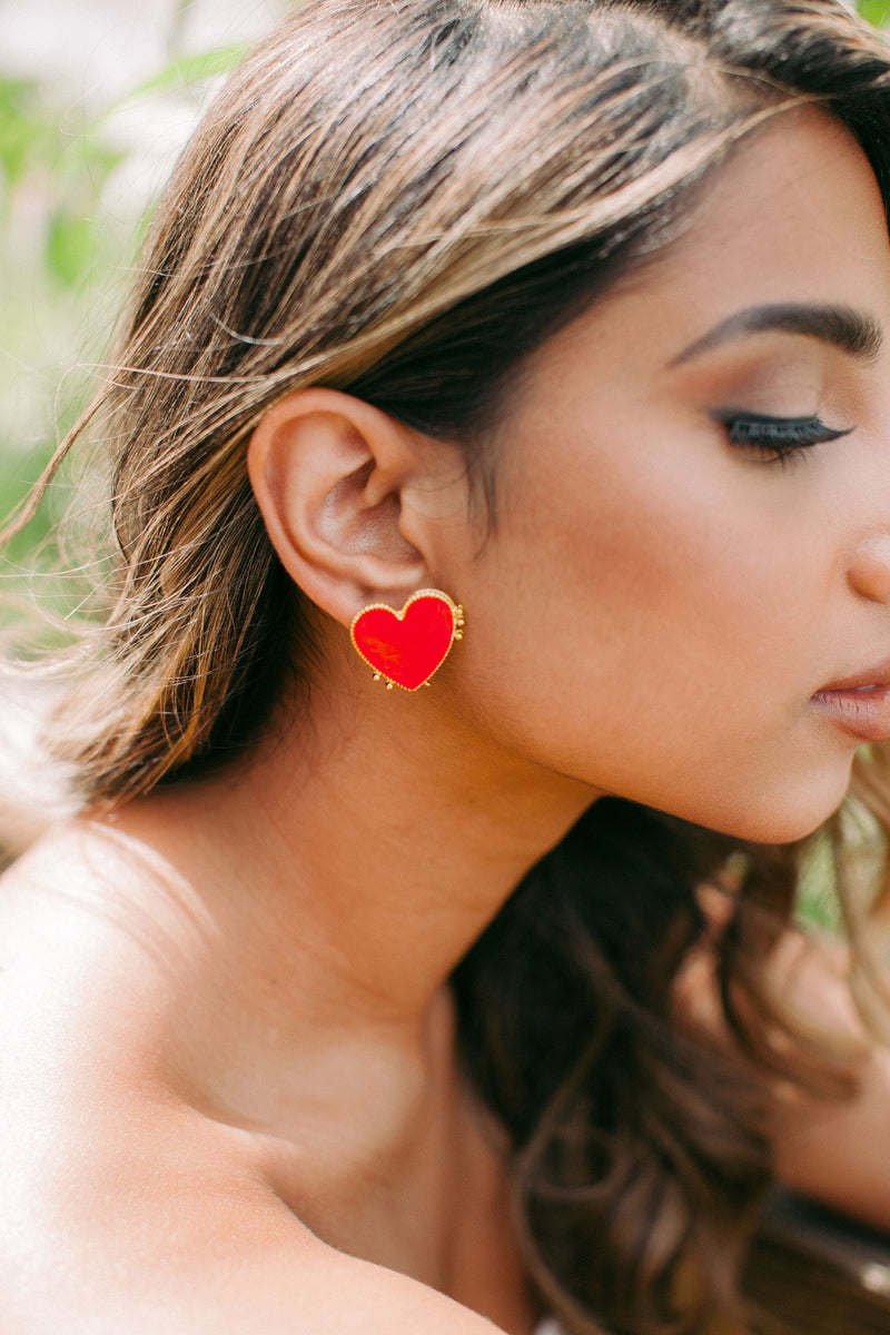 Red And Gold Heart Earrings, Heart Stud Earrings, Bohemian Heart Earrings, Summer Jewelry, Gifts For Her, Gold Heart Stud, Statement Jewelry