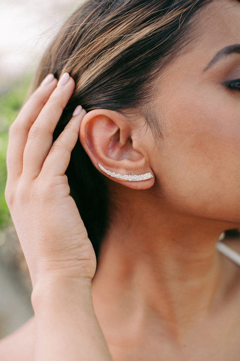 Gold and Crystal Ear Climber, Unique Earrings, Boho Jewelry, Jeweled Ear Crawler, Summer Jewelry, Statement Earrings, Horizontal Earrings