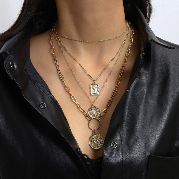 Gold Boho Layered Necklace, Paperclip Necklace, Coin Necklace Pendant, Unique Bohemian Jewelry, Stackable Necklace Religious Pendant Jewelry