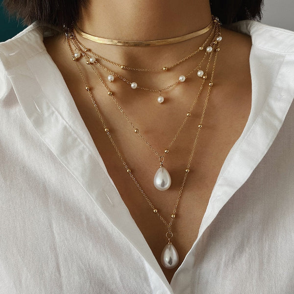 Layered Pearl and Gold Bohemian Necklace Set, Snake Chain Choker, Pearl Drop Necklace, Elegant Stacked Necklace, Vintage Inspired Jewelry