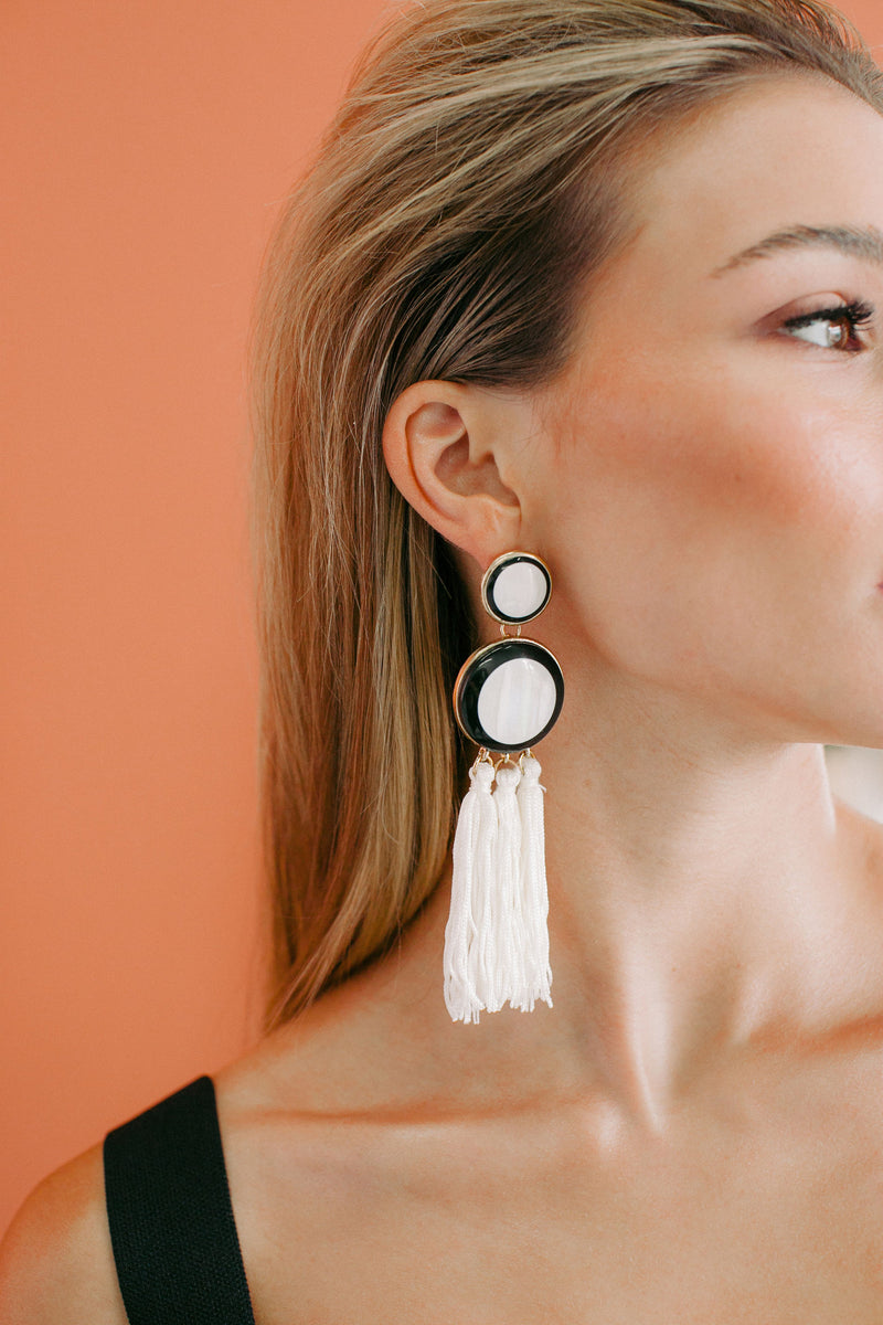 Simulated Shell Tassel Earrings, Bohemian Earrings, White Tassel Earrings, Statement Jewelry, Black and White Dangle Earrings, Gifts for Her