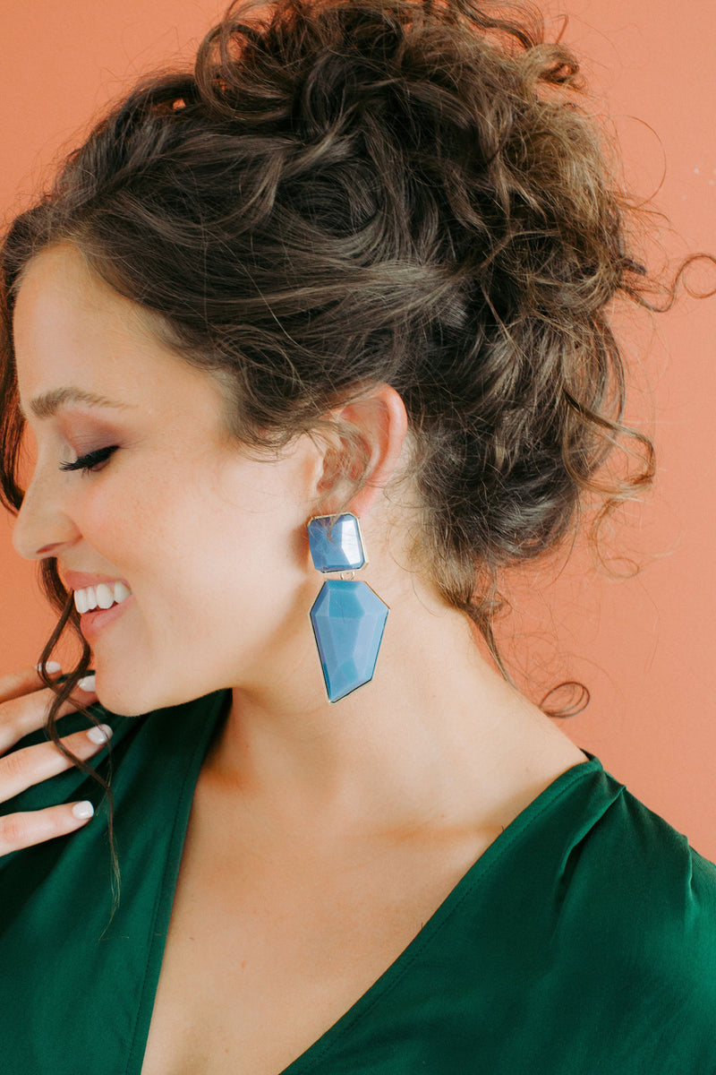 Mid Century Blue Dangle Earrings, Boho Gold and Blue Jewelry, Bold Earrings, Gifts For Her, Unique Jewelry, Statement Geometric Earring,