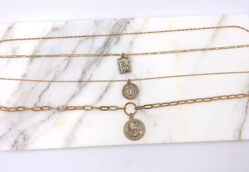 Gold Boho Layered Necklace, Paperclip Necklace, Coin Necklace Pendant, Unique Bohemian Jewelry, Stackable Necklace Religious Pendant Jewelry