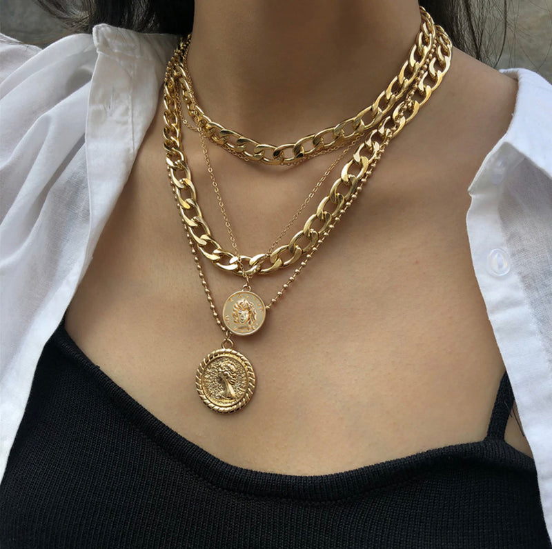 Bohemian Cuban Link Necklace Set, Coin Pendant Necklace, Boho Stackable Necklace, Layered Necklace, Trendy Jewelry, Unique Necklace, Gifts