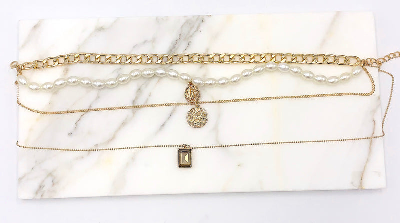 Gold Multi Strand Necklace Set, Lady De Guadalupe Pendant, Cuban Link Choker, Good Luck Coin Pendant, Simulated Pearl Choker, Boho Jewelry