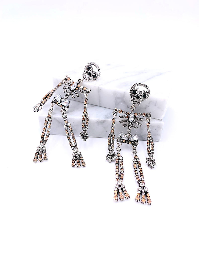 Jeweled Skeleton Dangle Earrings, Fun Halloween Earrings, Crystal Skeleton Drop Earrings, Bones Drop Skeleton Earring, Halloween Accessories