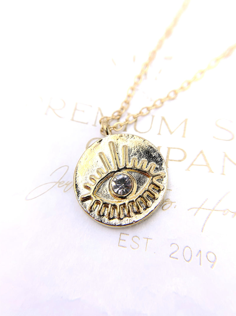 Small Gold Evil Eye Medallion Necklace, Boho Jewelry, Minimalist Necklace, Protection Jewelry, Watchful Eye, Evil Eye Pendant Necklace, Gift